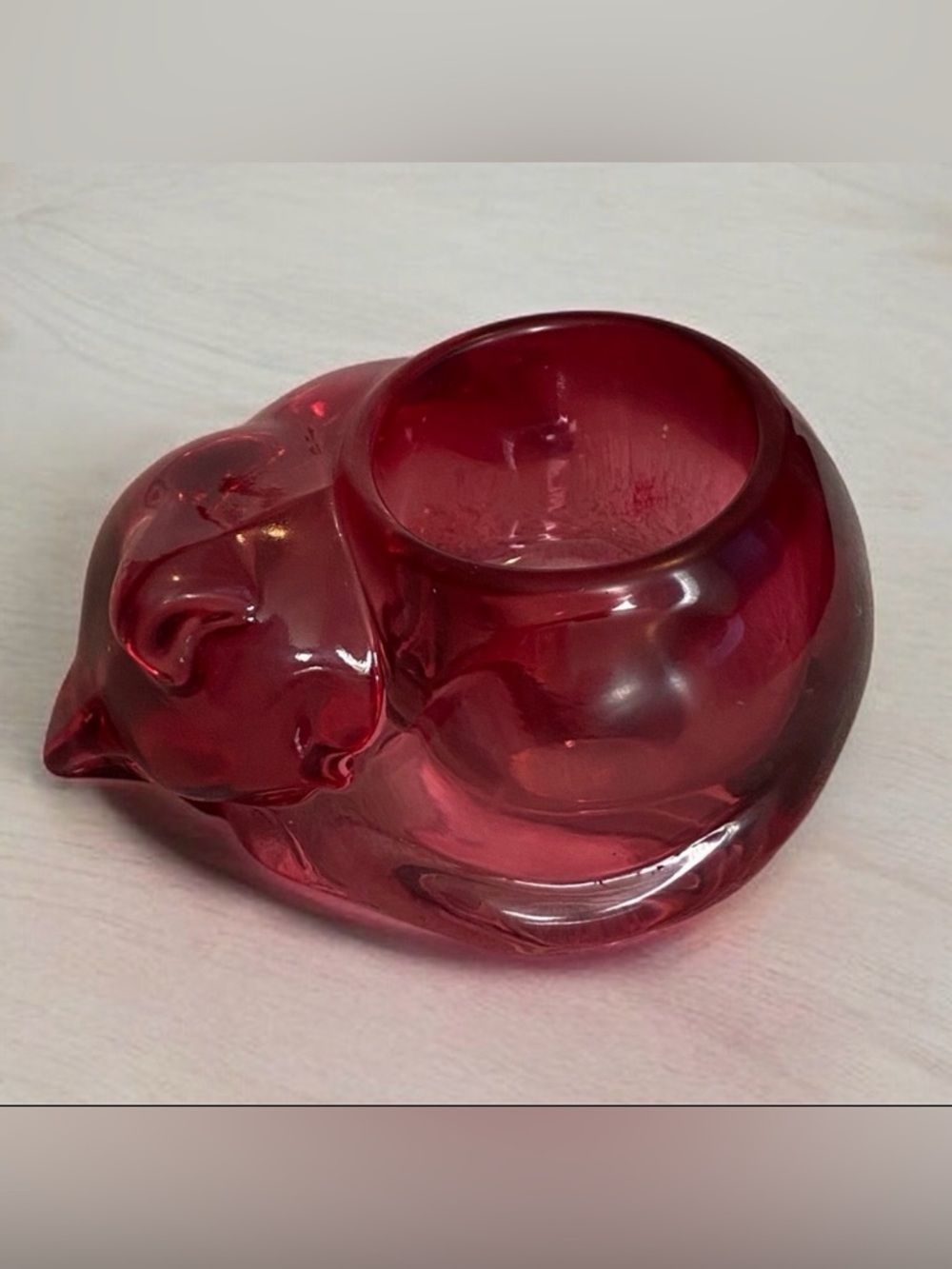 VTG Red Art glass candle holder curled up kitten cat 2.5”X5” decor or gift